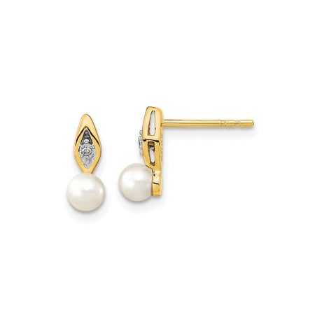 14k Yellow Gold Stud Earrings with Cultured Pearls and Diamond Accents, Marquise Setting