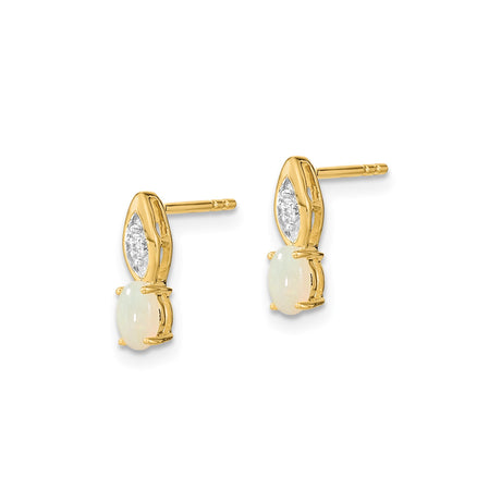 14k Yellow Gold Stud Earrings with White Opal and Diamond Cut Detailing, Minimalist Style