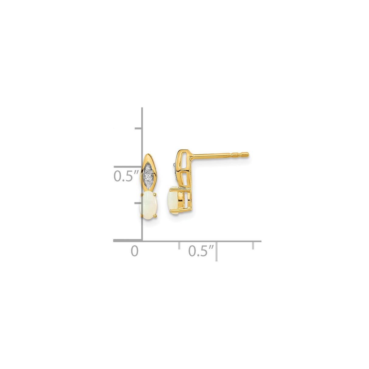 14k Yellow Gold Stud Earrings with White Opal and Diamond Cut Detailing, Minimalist Style