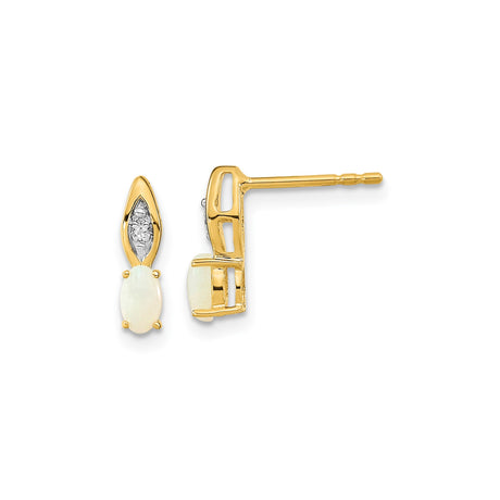 14k Yellow Gold Stud Earrings with White Opal and Diamond Cut Detailing, Minimalist Style