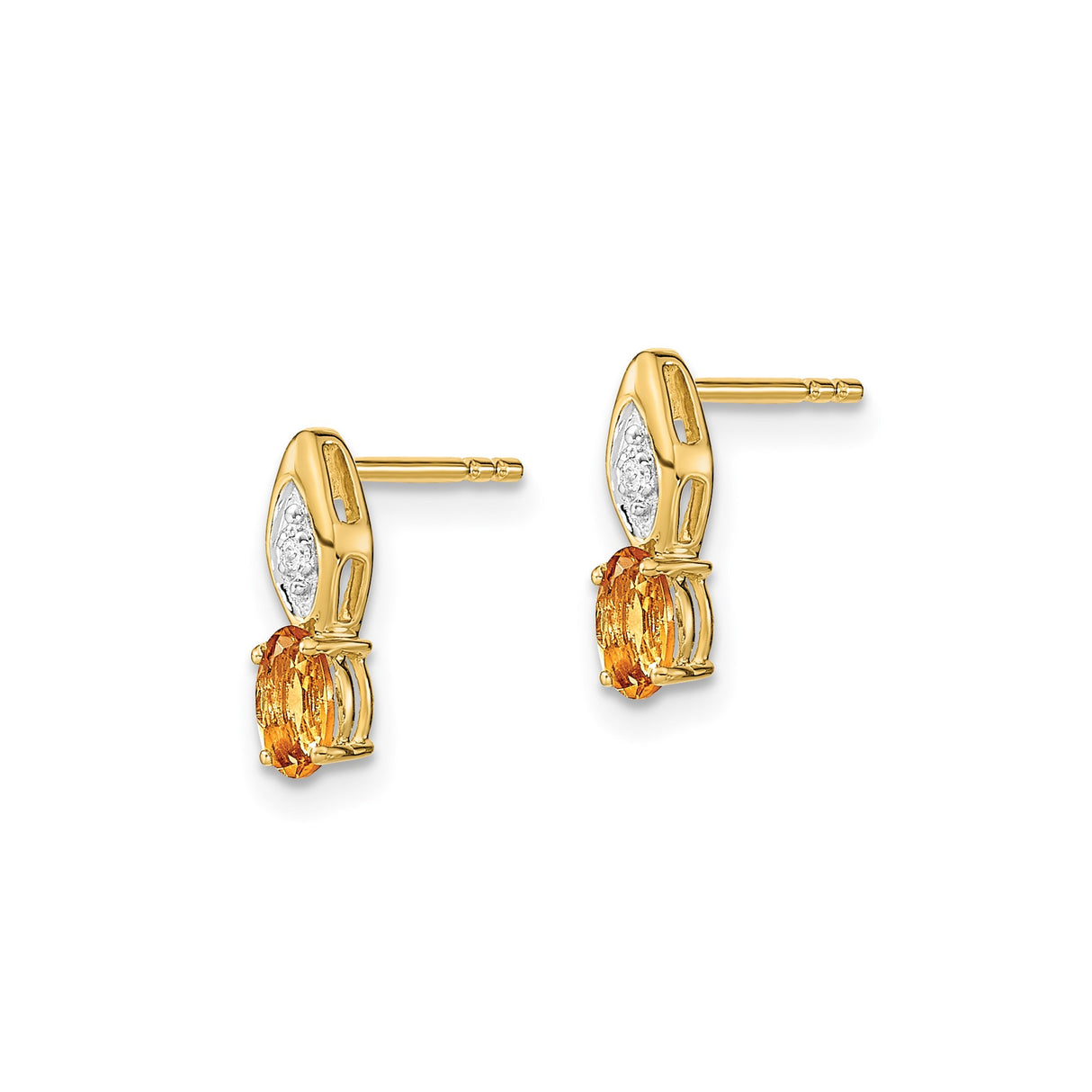 14k Yellow Gold Stud Earrings with Oval Citrine and Marquise Diamond Accents