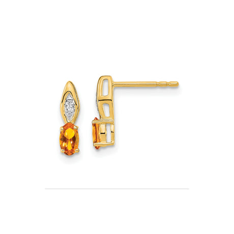 14k Yellow Gold Stud Earrings with Oval Citrine and Marquise Diamond Accents