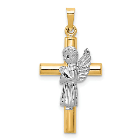 Angel Praying Yellow Gold Hollow Cross Charm Pendant in Real 14k Multi-Tone Gold