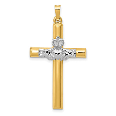 14k Two-Tone Gold Claddagh Cross Pendant, Irish Christian Celtic Jewelry for Women