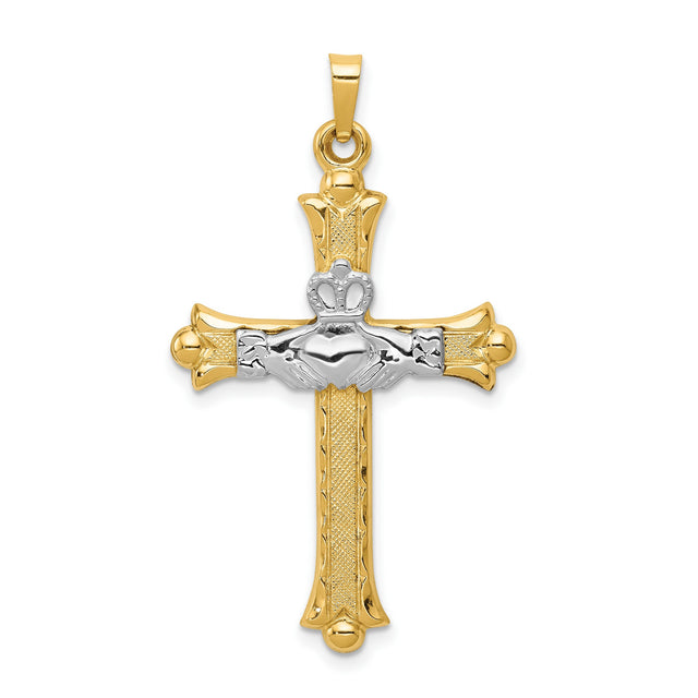 Claddagh Symbol Fleur-De-Lis Cross Charm Pendant in Real 14k Multi-Tone Gold