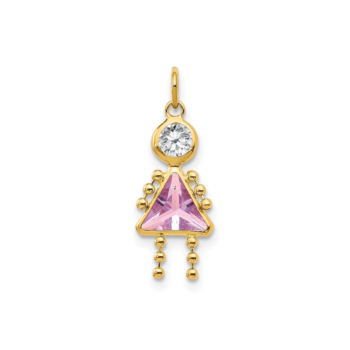 14k Yellow Gold Girl Charm Pendant with Pink Synthetic Birthstone and Cubic Zirconia