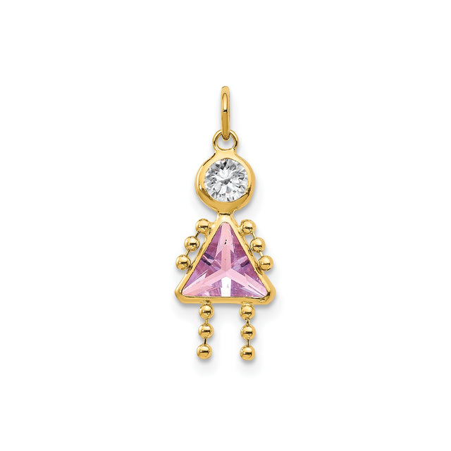 14k Yellow Gold Girl Charm Pendant with Pink Synthetic Birthstone and Cubic Zirconia