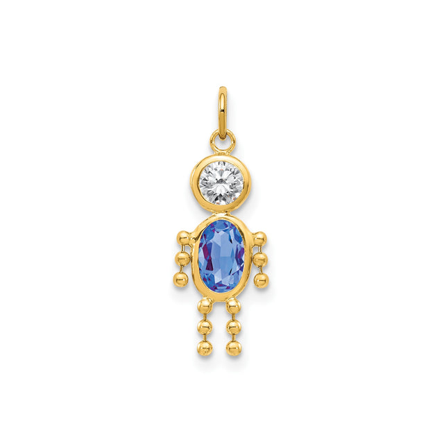 14k Yellow Gold Boy Pendant with Synthetic Birthstone and Cubic Zirconia, Figurine Style Charm