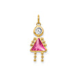 14k Yellow Gold Girl Pendant with Pink Triangle Synthetic Birthstone and Cubic Zirconia