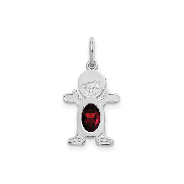 14k White Gold Boy Charm Pendant with Deep Red Oval Garnet, Family Jewelry