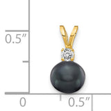 6mm Black Cultured Pearl AA Diamond Charm Pendant in Real 14k Yellow Gold