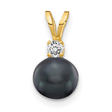 6mm Black Cultured Pearl AA Diamond Charm Pendant in Real 14k Yellow Gold