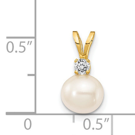 14k Yellow Gold Pendant with Round White Cultured Pearl and Diamond Accent, Classic Style