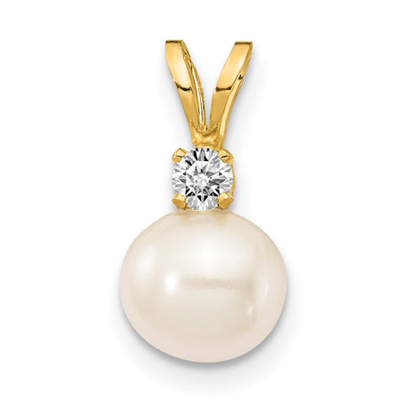 14k Yellow Gold Pendant with Round White Cultured Pearl and Diamond Accent, Classic Style