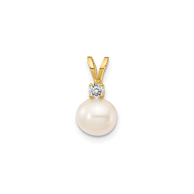 14k Yellow Gold Pendant with Round White Cultured Pearl and Diamond Accent, Classic Style