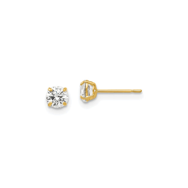 14k Yellow Gold Stud Earrings with Cubic Zirconia, Classic Four Prong Solitaire Design