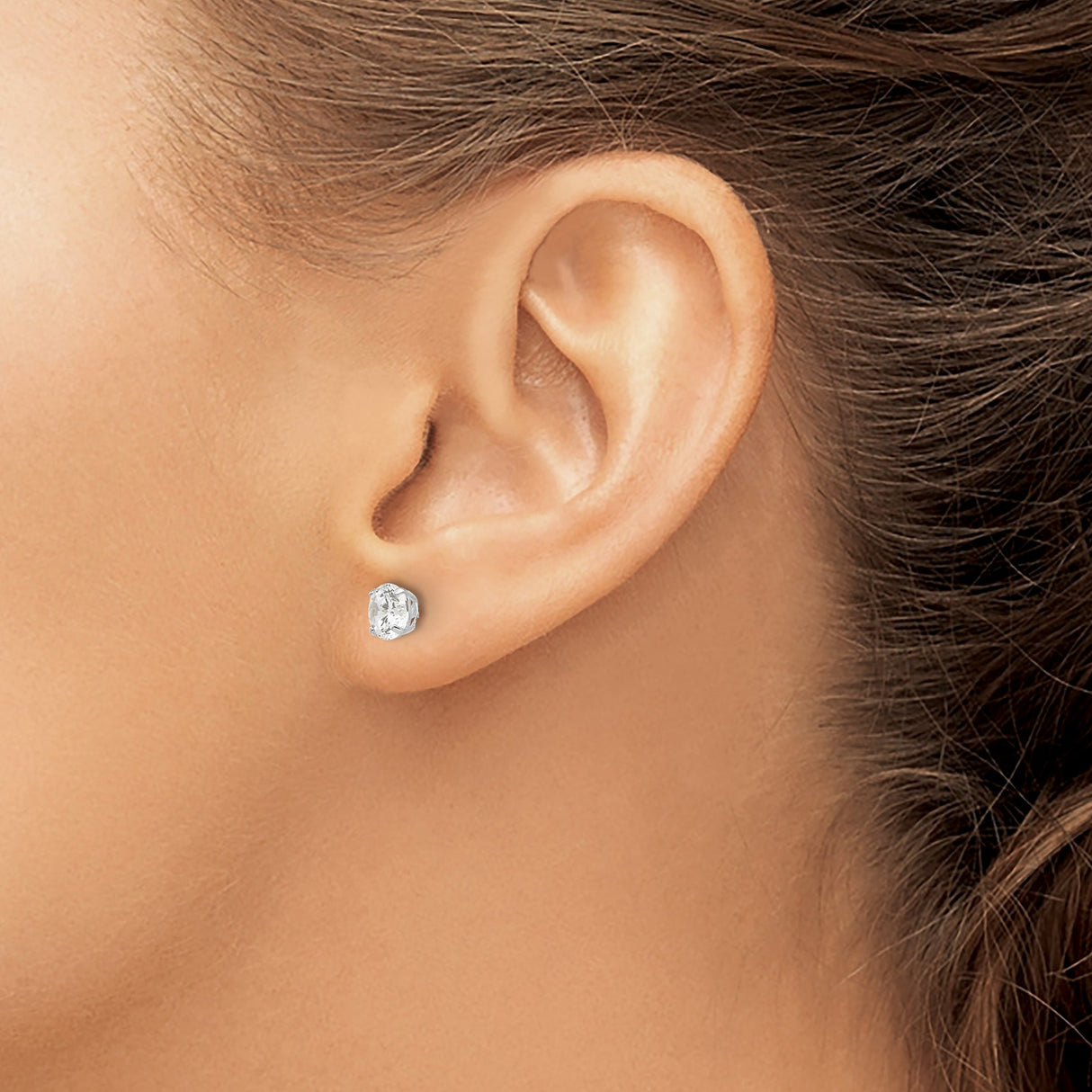 14k White Gold Stud Earrings, Round Cubic Zirconia Solitaire, Four Prong Setting
