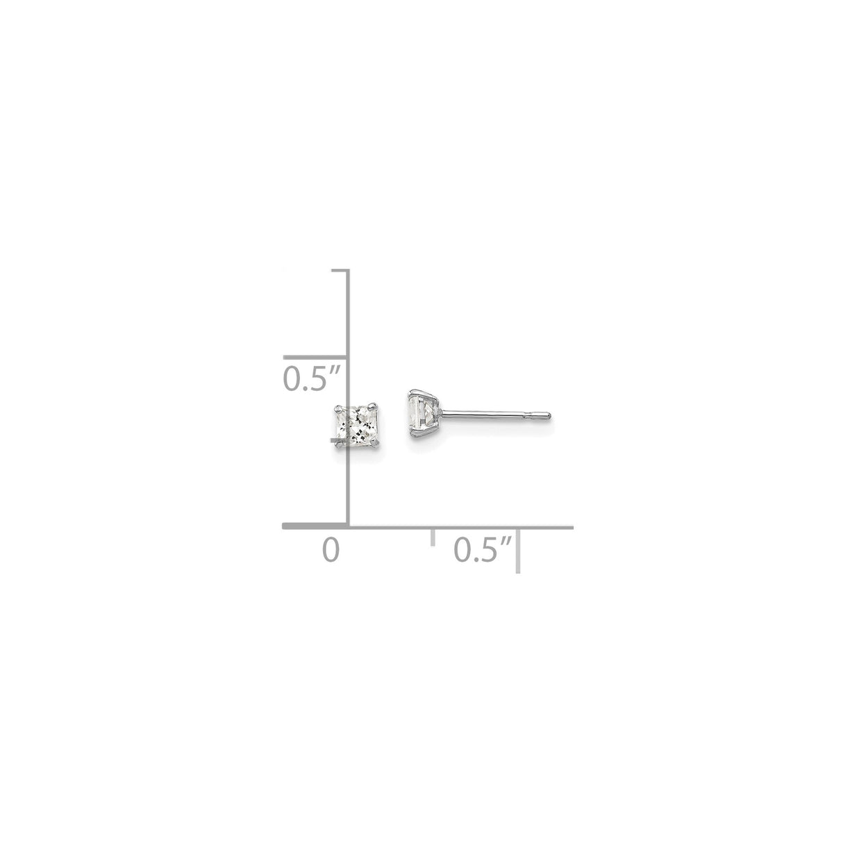 14k White Gold Princess Cut Cubic Zirconia Stud Earrings, Four Prong Solitaire Design