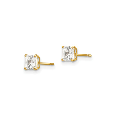 14k Yellow Gold Stud Earrings with Square Cut Cubic Zirconia, Minimalist Four-Prong Design