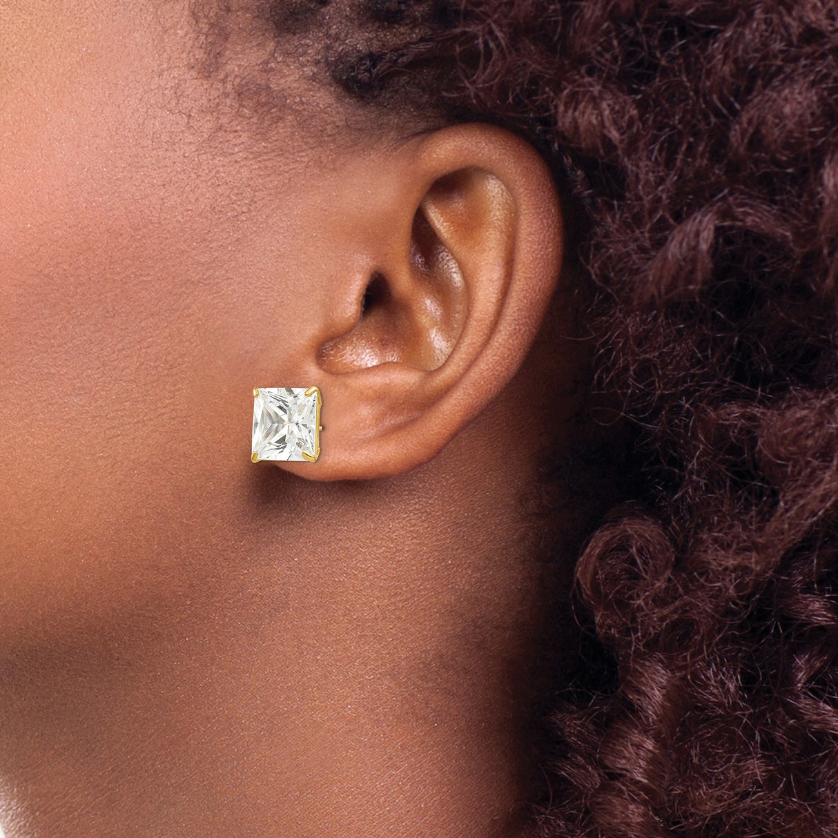 14k Yellow Gold Stud Earrings with Princess Cut Cubic Zirconia, Classic Four-Prong Setting