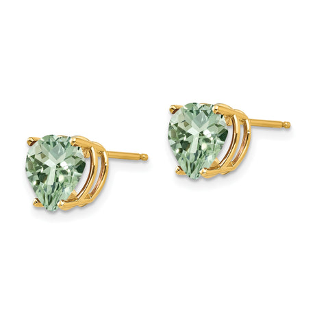 14k Yellow Gold Heart Stud Earrings with Green Quartz, Romantic Design for Women