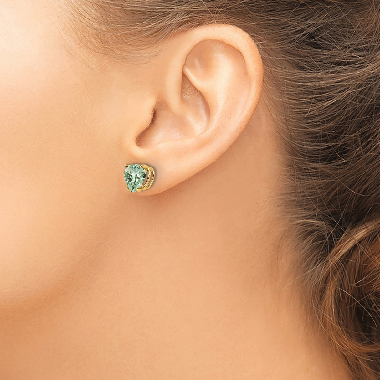 14k Yellow Gold Heart Stud Earrings with Green Quartz, Romantic Design for Women