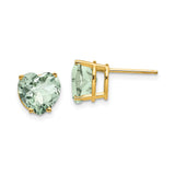 14k Yellow Gold Heart Stud Earrings with Light Green Quartz, Romantic Minimal Design for Women