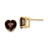 14k Yellow Gold Heart Stud Earrings with Smoky Quartz Gemstones, Romantic Jewelry for Women