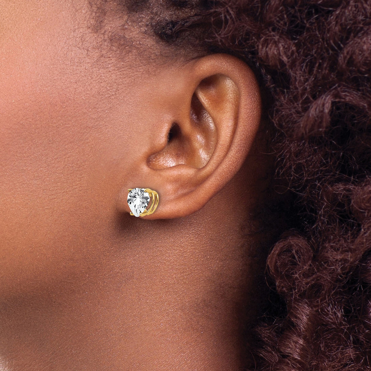 14k Yellow Gold Heart Shaped Stud Earrings with Cubic Zirconia, Solitaire Style for Women
