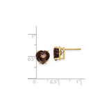 14k Yellow Gold Heart Stud Earrings with Smoky Quartz Gemstones for Women