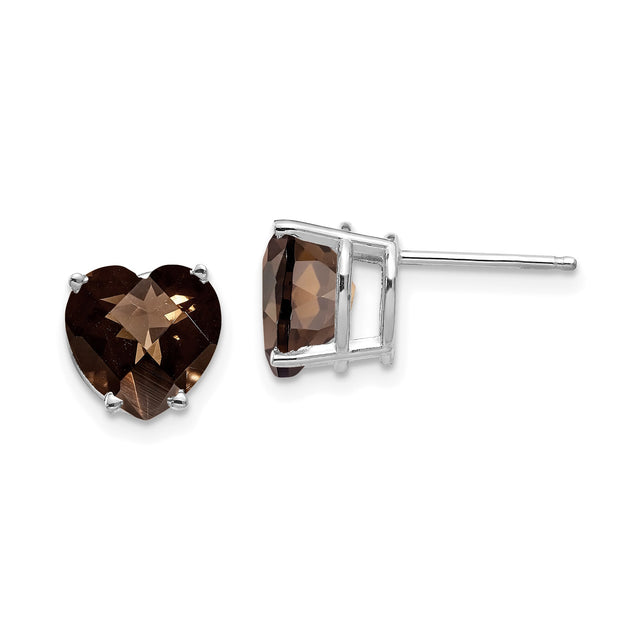 14k White Gold Heart Shaped Smoky Quartz Stud Earrings, Checkered Cut Design