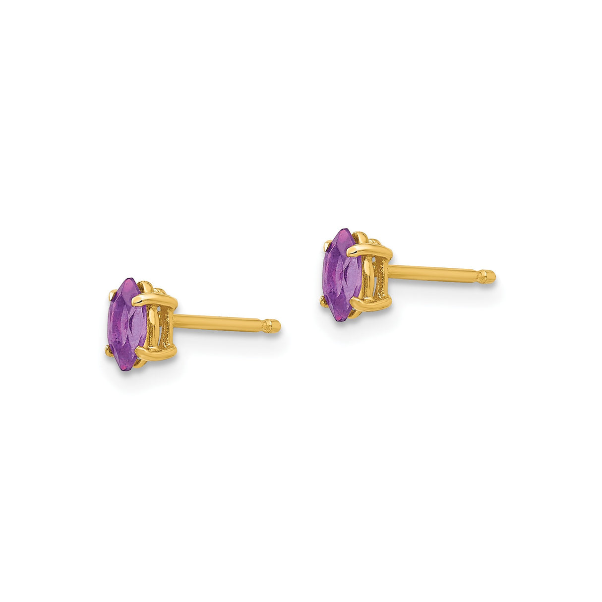 14k Yellow Gold Amethyst Stud Earrings, Marquise Cut, Prong Set Minimalist Design for Women