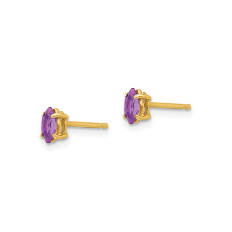 14k Yellow Gold Amethyst Stud Earrings, Marquise Cut, Prong Set Minimalist Design for Women