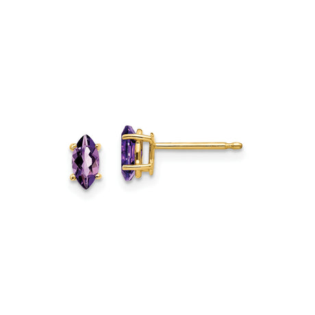 14k Yellow Gold Amethyst Stud Earrings, Marquise Cut Four Prong Setting, February Birthstone