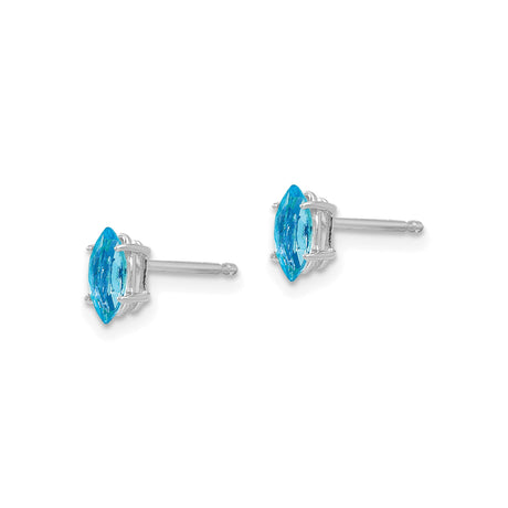 14k White Gold Stud Earrings with Swiss Blue Topaz, Marquise Cut Prong Set
