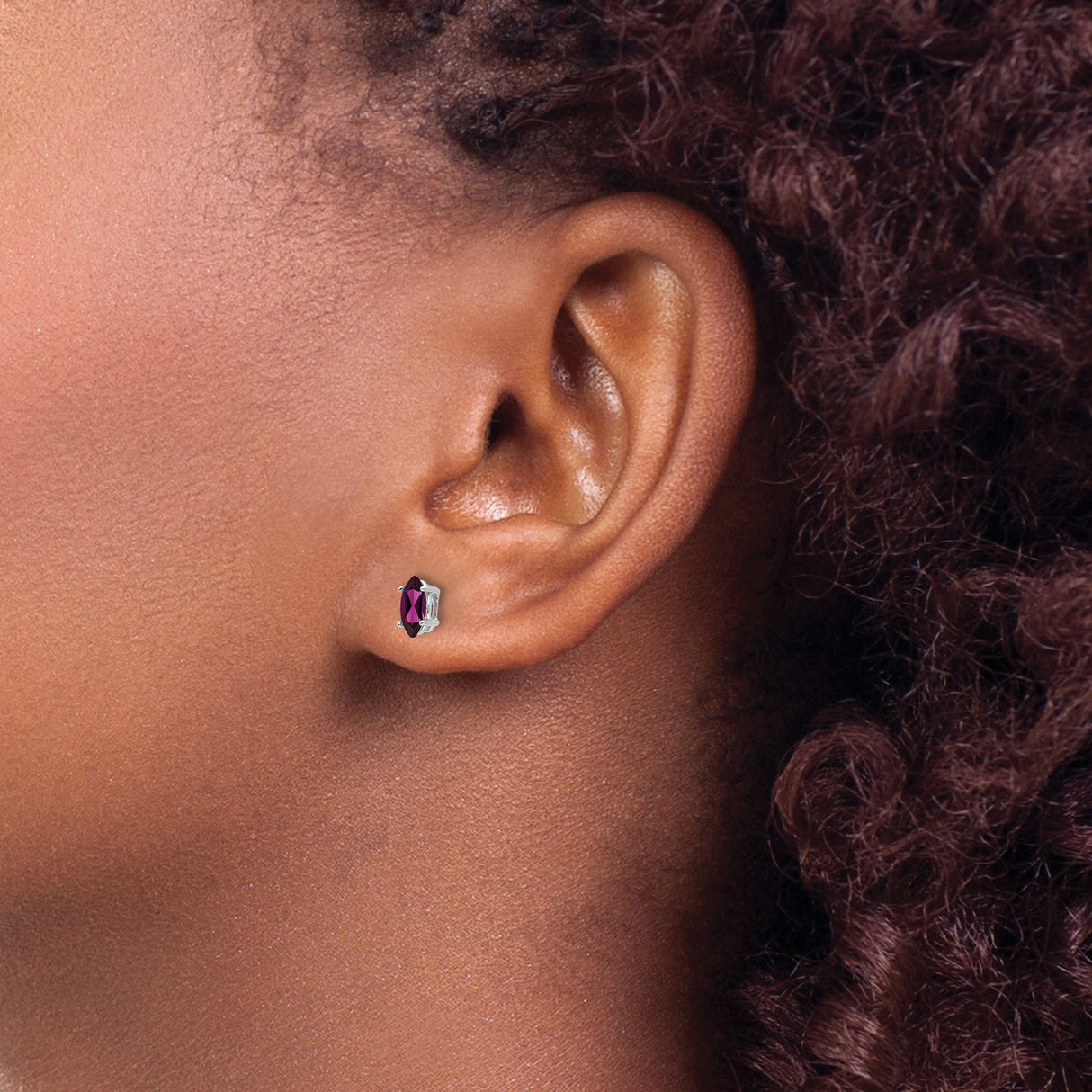 14k White Gold Garnet Stud Earrings with Rhodolite Marquise Gemstones, Classic Four Prong Setting
