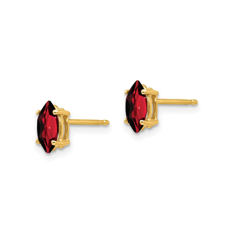 14k Yellow Gold Garnet Stud Earrings, Marquise Cut Four Prong Setting, Classic January Birthstone