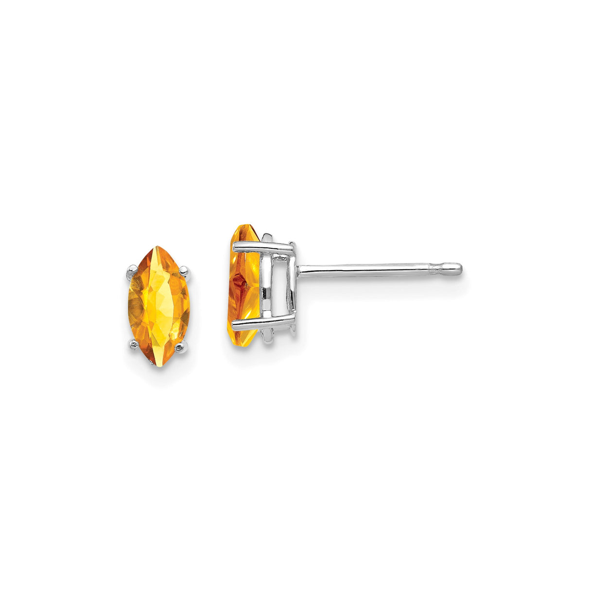 14k White Gold Citrine Marquise Cut Stud Earrings, Four Prong Minimalist Design