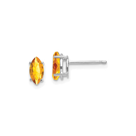 14k White Gold Citrine Marquise Cut Stud Earrings, Four Prong Minimalist Design