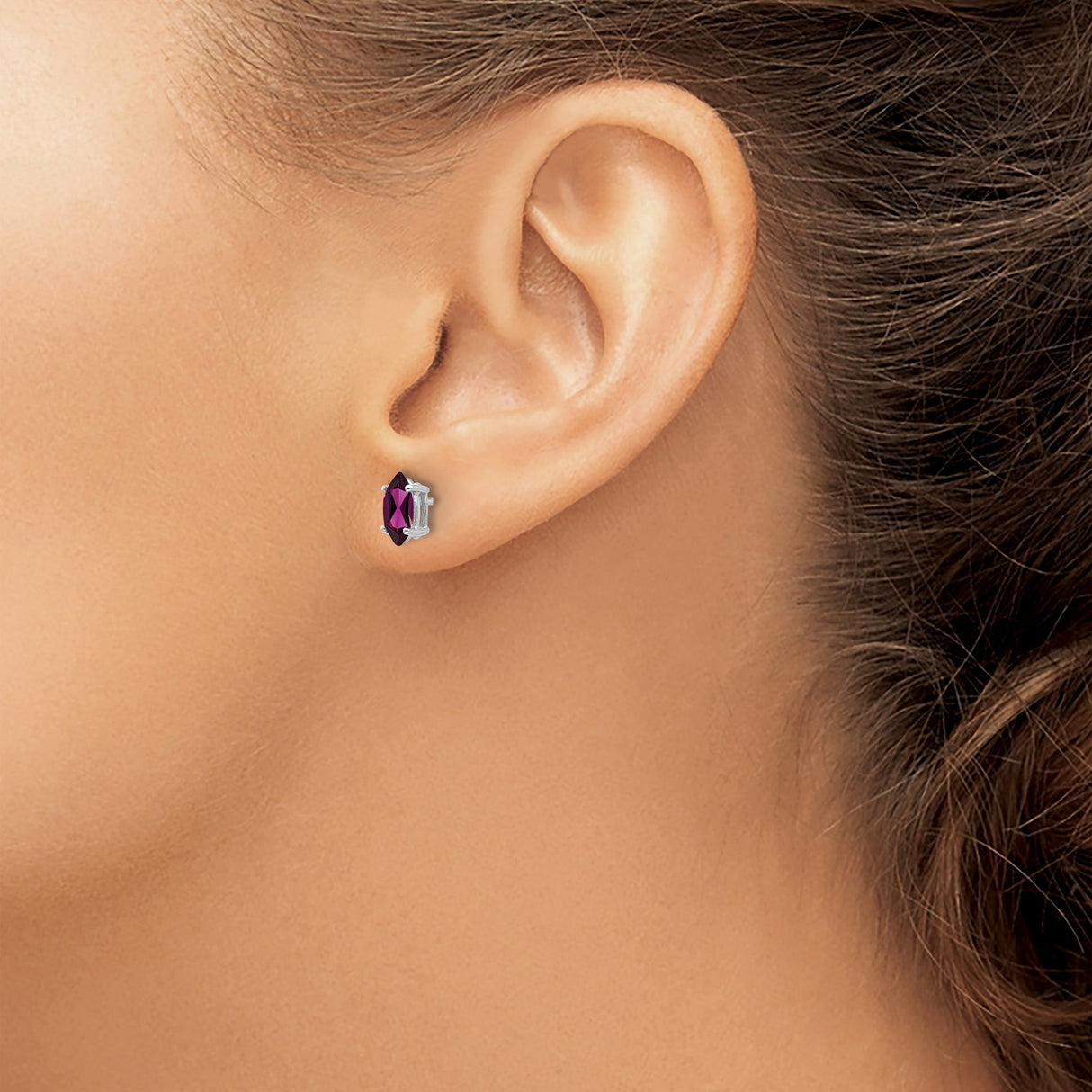 14k White Gold Stud Earrings with Rhodolite Garnet, Marquise Cut, Minimalist Style
