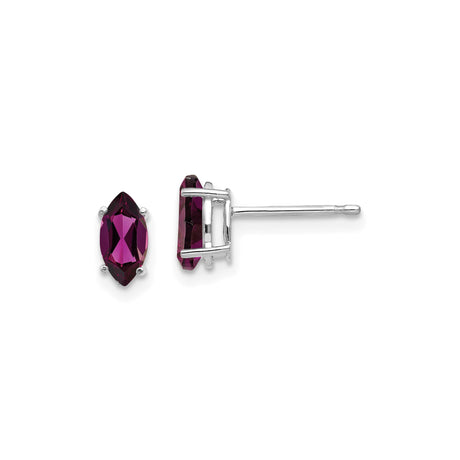 14k White Gold Stud Earrings with Rhodolite Garnet, Marquise Cut, Minimalist Style