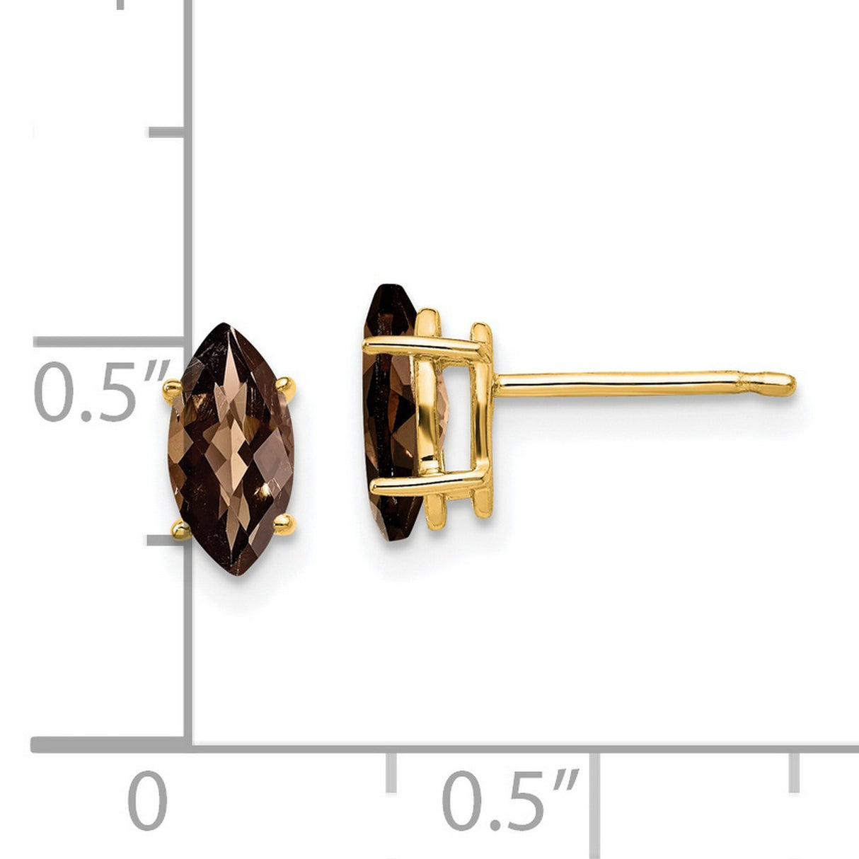 14k Yellow Gold Stud Earrings with Marquise Cut Smoky Quartz, Lightweight Minimalist Style for Women