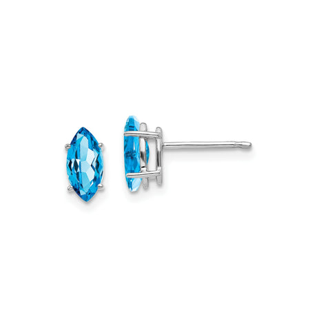 14k White Gold Stud Earrings with Marquise Swiss Blue Topaz, Minimalist Design for Women