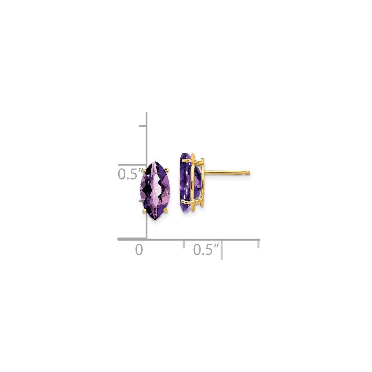 14k Yellow Gold Amethyst Stud Earrings, Marquise Cut Prong Set Purple Gemstone