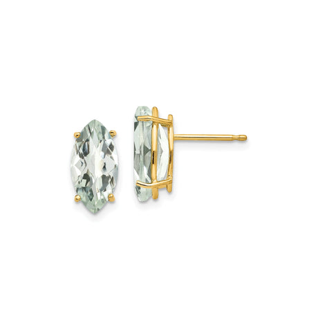 14k Yellow Gold Marquise Cut Green Amethyst Stud Earrings, Prong Set Gemstone Studs