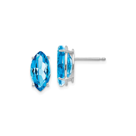14k White Gold Blue Topaz Stud Earrings, Marquise Cut Gemstone, Prong Set Minimalist Style