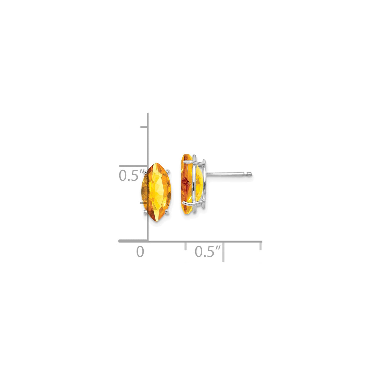 14k White Gold Citrine Marquise Stud Earrings, Four Prong Setting, Modern Minimalist Style