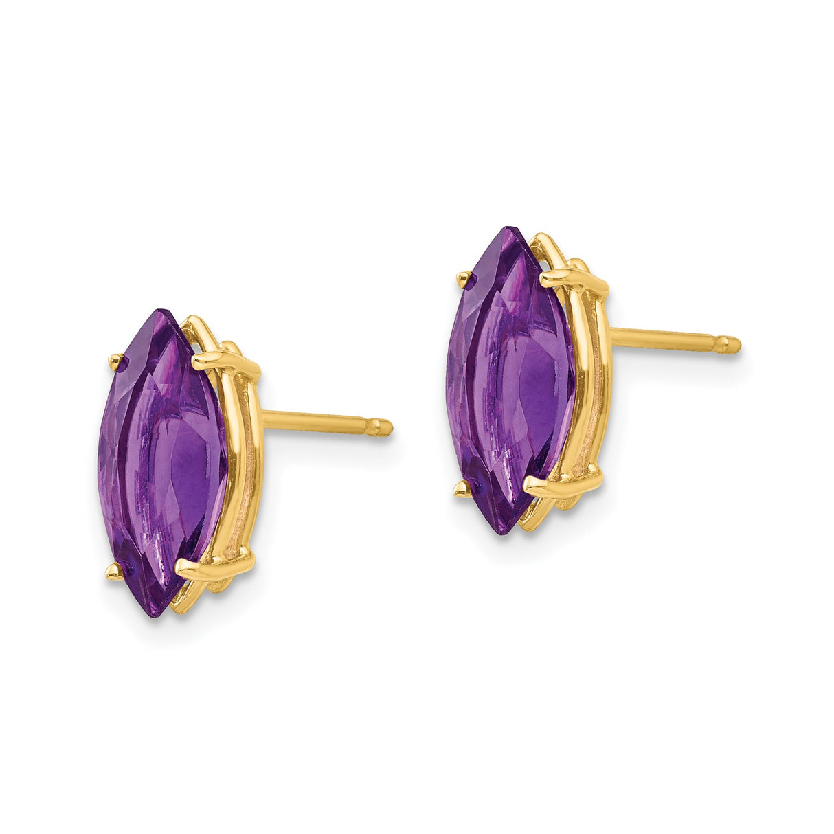 14k Yellow Gold Amethyst Stud Earrings, Marquise Cut Purple Gemstone in Prong Setting
