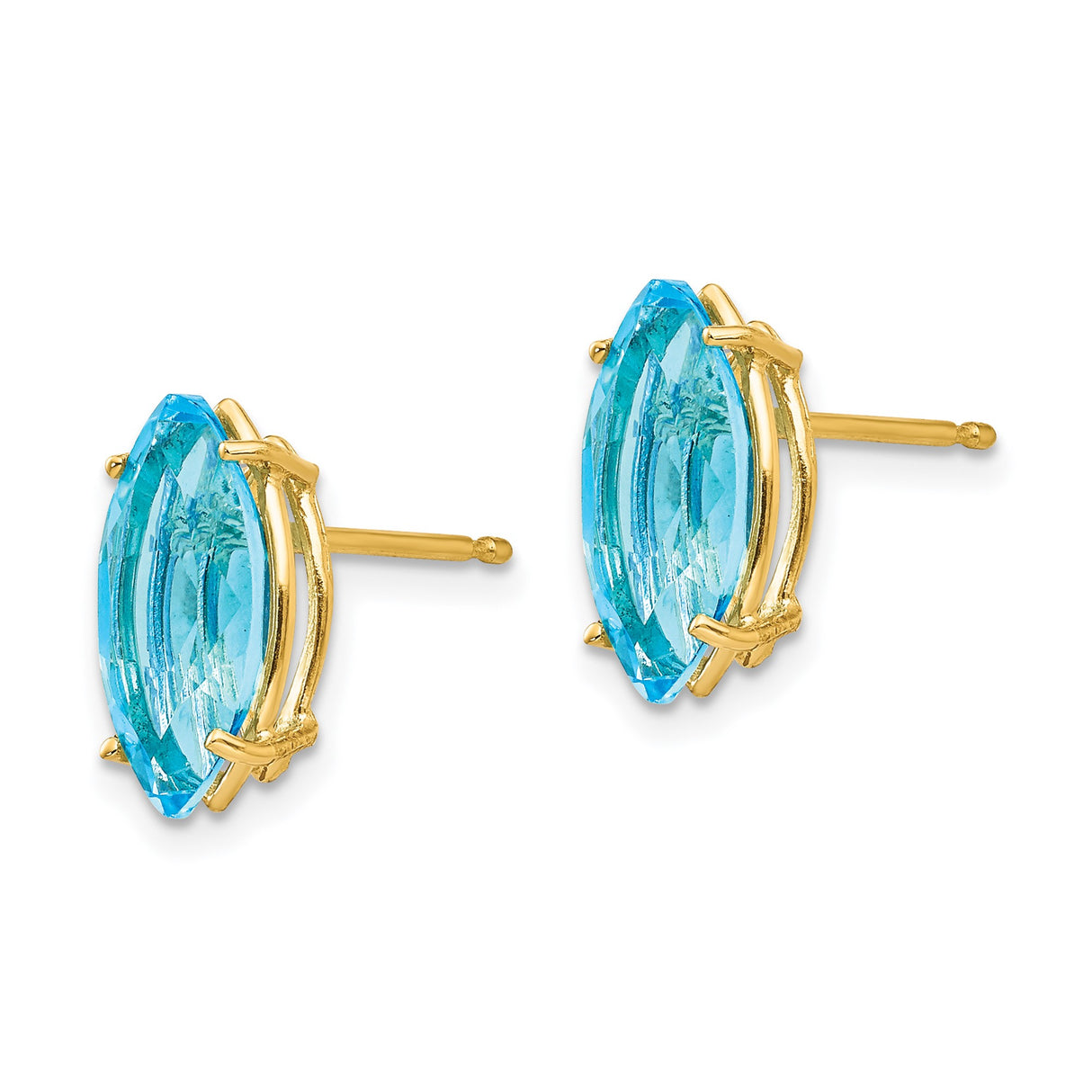 14k Yellow Gold Blue Topaz Marquise Stud Earrings, Minimalist Polished Design for Women