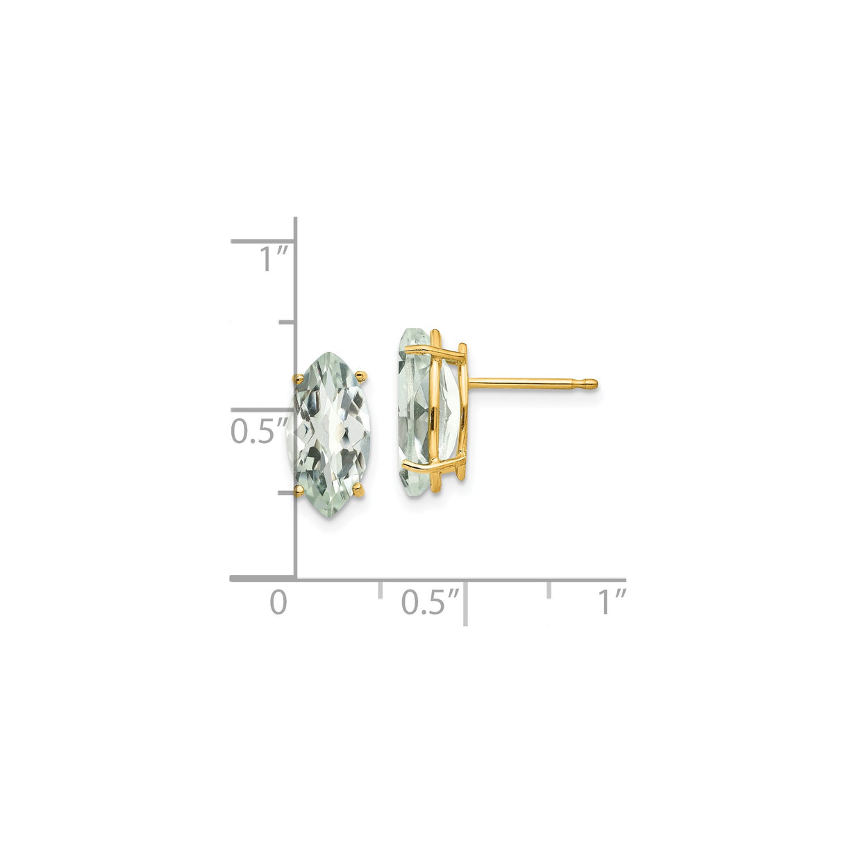 14k Yellow Gold Stud Earrings with Marquise Cut Green Amethyst in Four Prong Setting